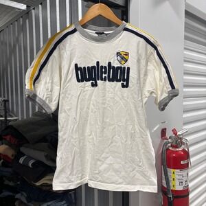 Bugle Boy White T Shirt Athletic Stripe Sleeve Logo Graphic Tee 
XL youth